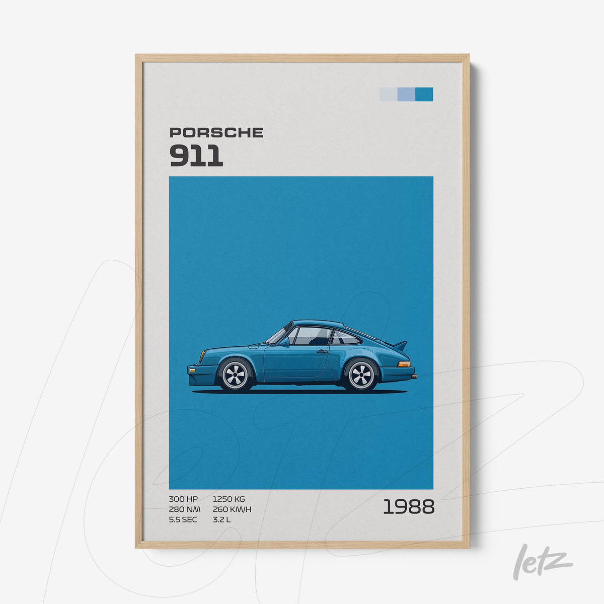 quadro emoldurado com arte digital de um Porsche 911 de 1988 sobre fundo azul sólido