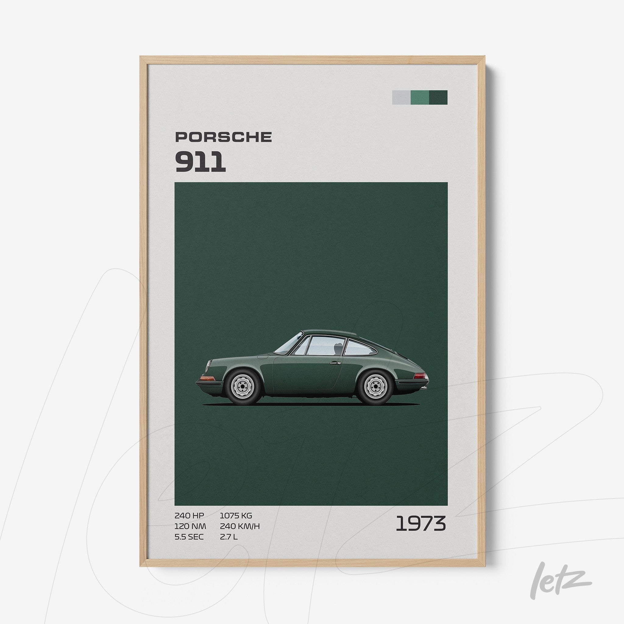 quadro com arte minimalista do carro Porsche 911 de 1973 em moldura de madeira clara