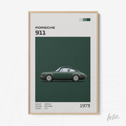 quadro com arte minimalista do carro Porsche 911 de 1973 em moldura de madeira clara