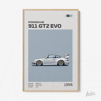 quadro com ilustração minimalista do Porsche 911 GT2 Evo de 1993 em moldura clara