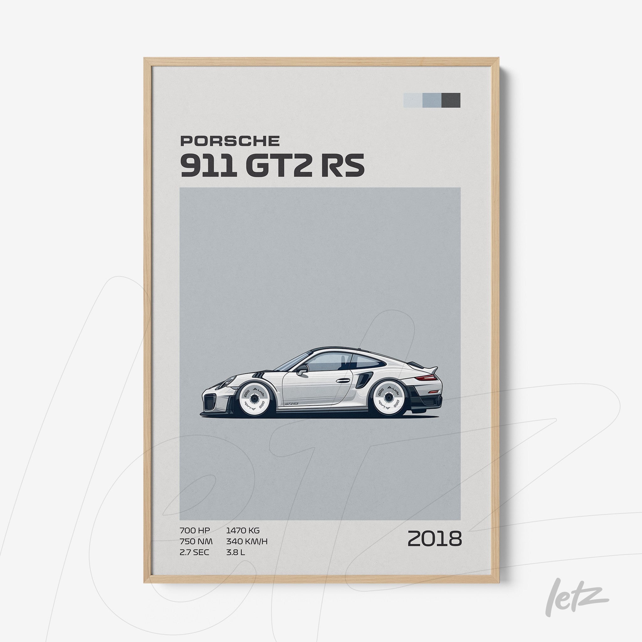 quadro com ilustração do Porsche 911 GT2 RS de 2018 em moldura de madeira clara