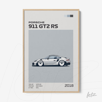 quadro com ilustração do Porsche 911 GT2 RS de 2018 em moldura de madeira clara