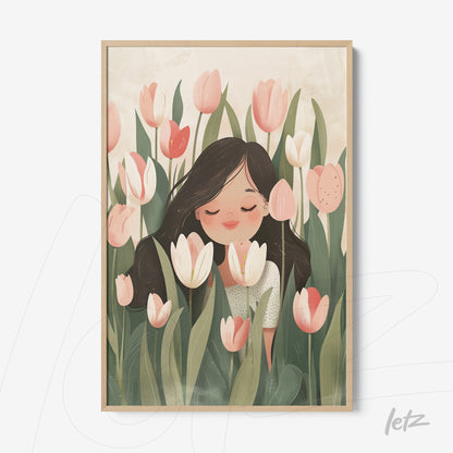 quadro com ilustração colorida de menina sorridente entre flores de tulipas, em moldura clara