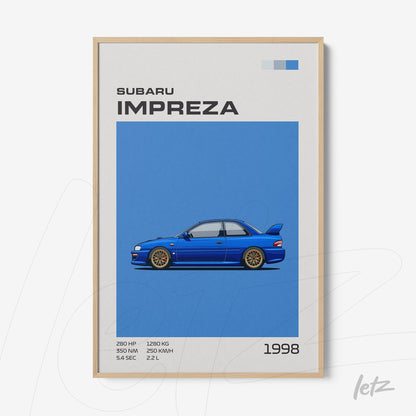 quadro com arte digital de um Subaru Impreza modelo 1998 em fundo azul com moldura de madeira clara