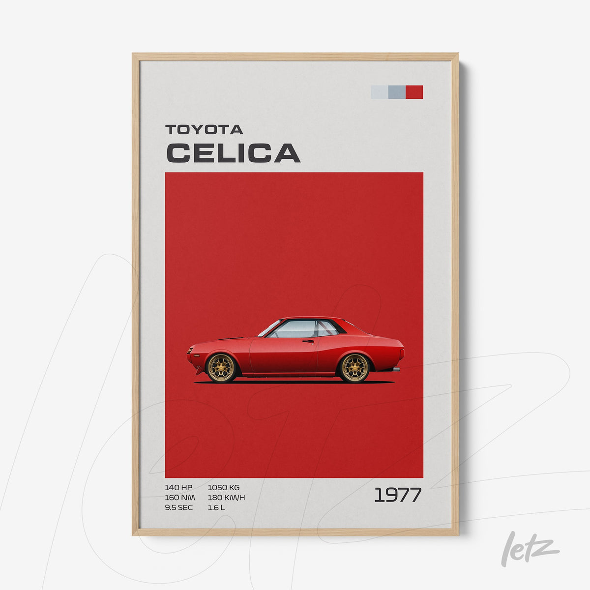 quadro com arte minimalista do carro Toyota Celica de 1977 em fundo vermelho com moldura clara