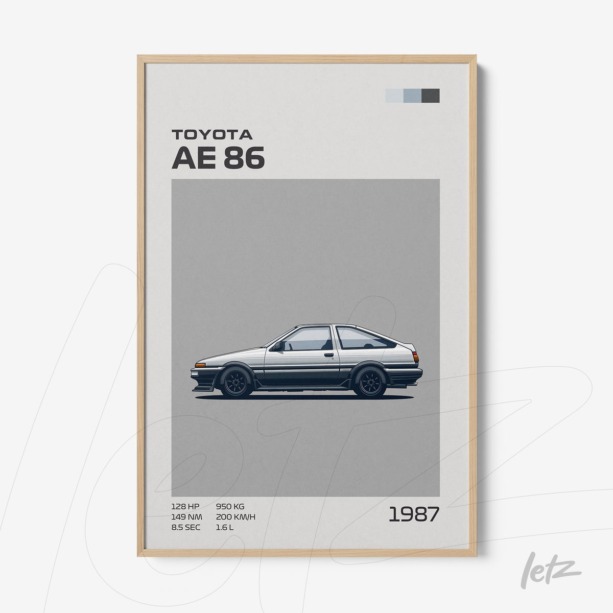 quadro com arte minimalista do carro Toyota AE86 em moldura de madeira clara com fundo cinza