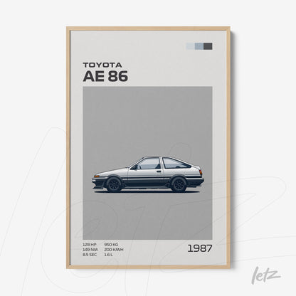 quadro com arte minimalista do carro Toyota AE86 em moldura de madeira clara com fundo cinza