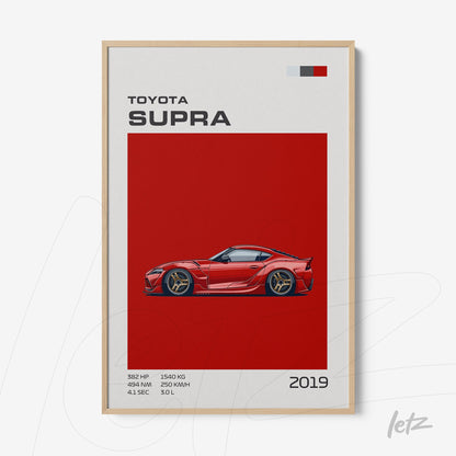 quadro com ilustração do carro Toyota Supra 2019 em fundo vermelho, moldura de madeira clara, apresentando detalhes técnicos ao lado