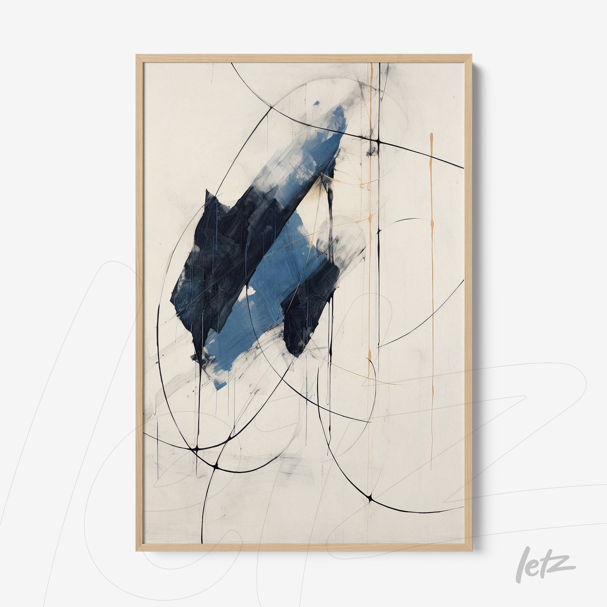 quadro abstrato com formas geométricas em azul e preto com moldura clara