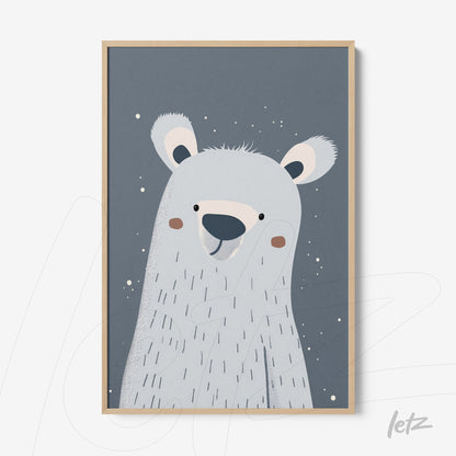 quadro com ilustração divertida de urso polar em fundo azul com moldura clara