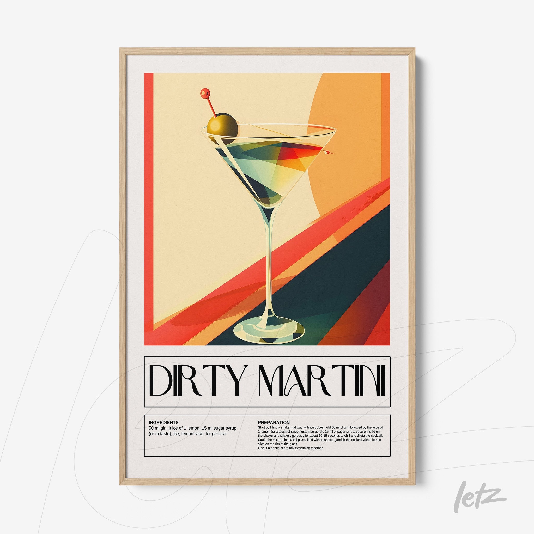 quadro com arte retro de drink martini sujo em moldura clara, fundo em tons quentes