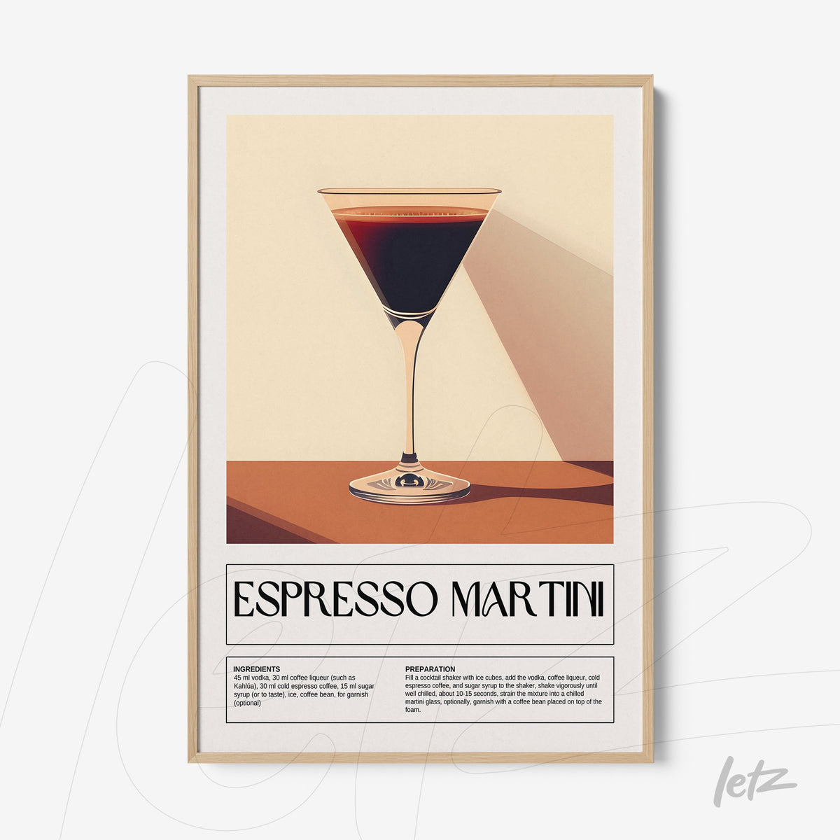 quadro com arte gráfica de um copo de espresso martini, moldura clara e fundo em bege