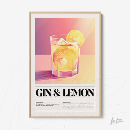 quadro com arte gráfica de drink gin com limão em moldura clara