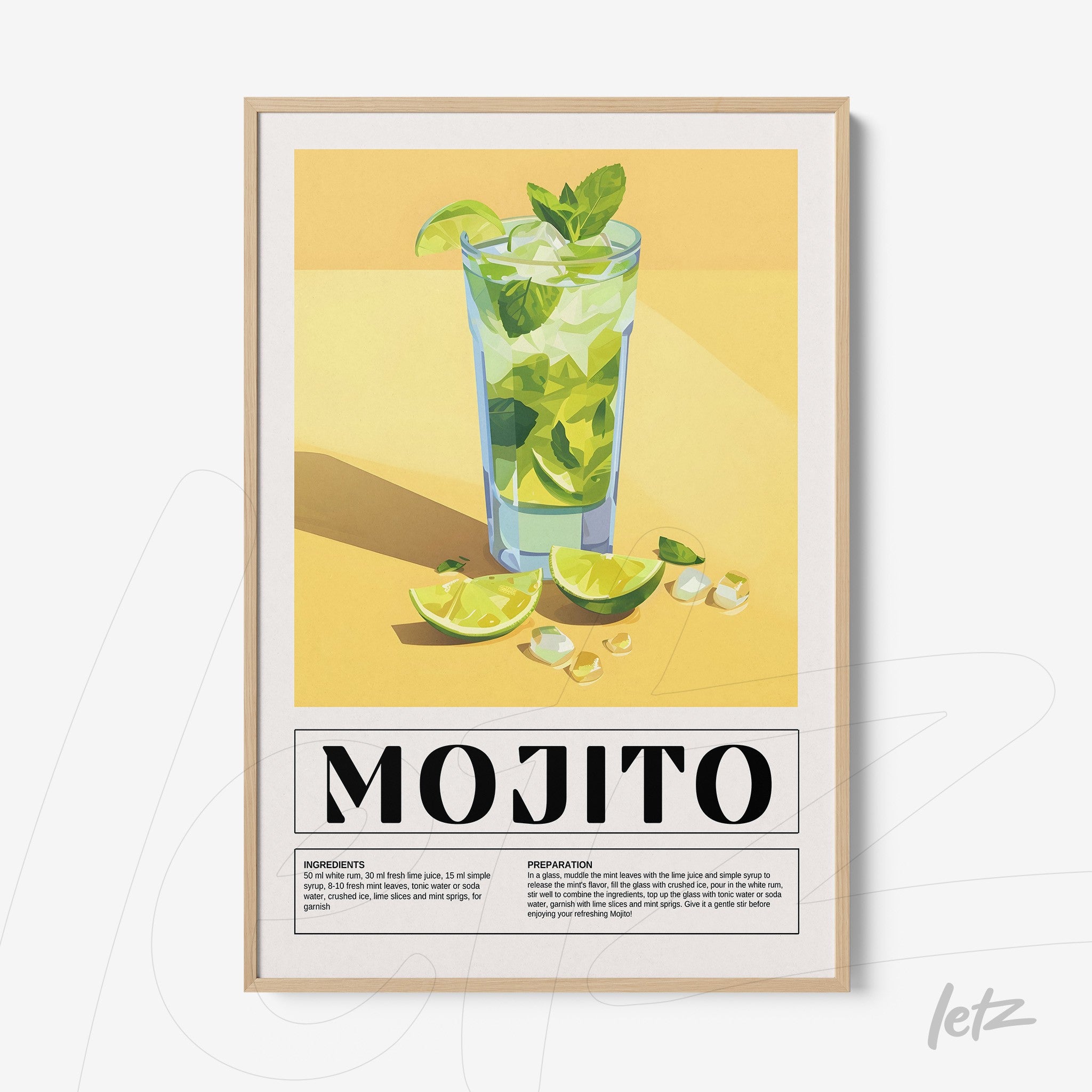 quadro com arte digital de um drink mojito em copo alto com limões e folhas de hortelã, moldura de madeira clara sobre fundo amarelo