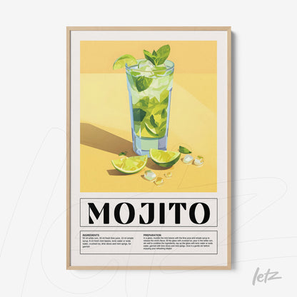 quadro com arte digital de um drink mojito em copo alto com limões e folhas de hortelã, moldura de madeira clara sobre fundo amarelo