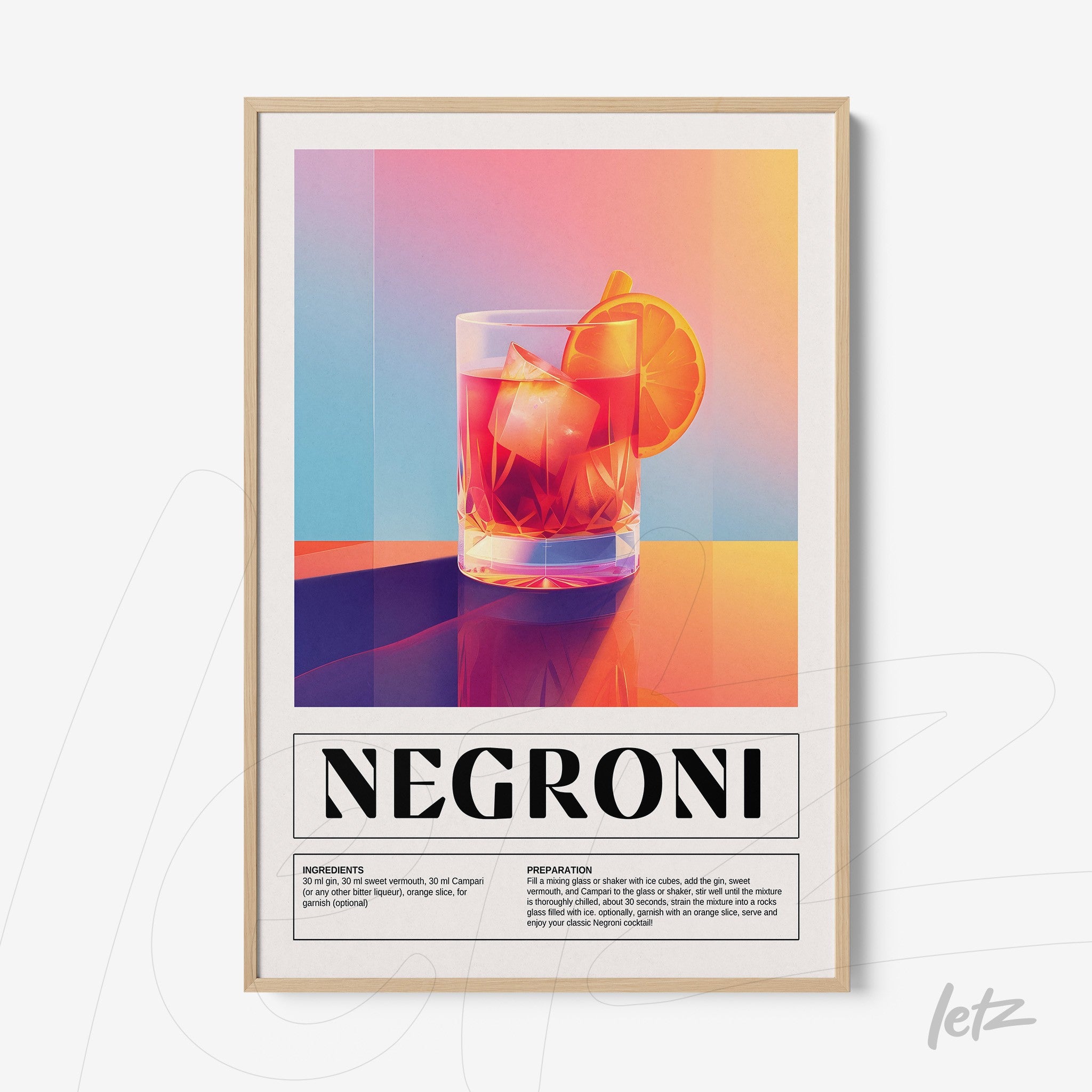 quadro com arte do drink negroni em moldura de madeira clara, apresentando um copo com gelo e fatia de laranja sobre fundo com gradientes vibrantes