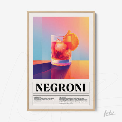 quadro com arte do drink negroni em moldura de madeira clara, apresentando um copo com gelo e fatia de laranja sobre fundo com gradientes vibrantes
