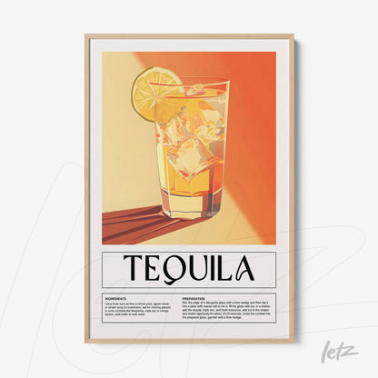 quadro com arte retro de drink tequila em moldura bege com detalhes em preto