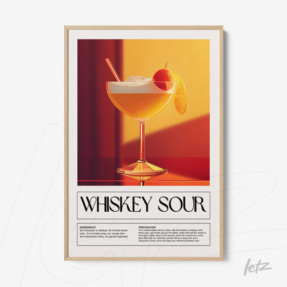 quadro com arte retro do drink whiskey sour em moldura clara