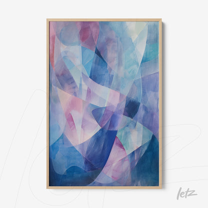 quadro em estilo abstrato com formas fluidas e cores em tons de azul, rosa e roxo em moldura de madeira clara