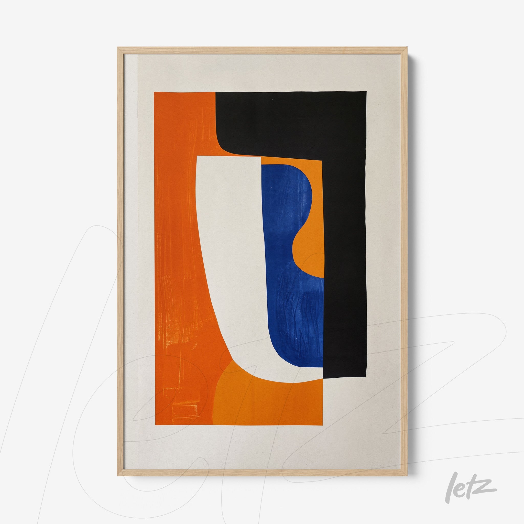 quadro em moldura de madeira clara com arte abstrata em tons de laranja, azul e preto sobre fundo claro