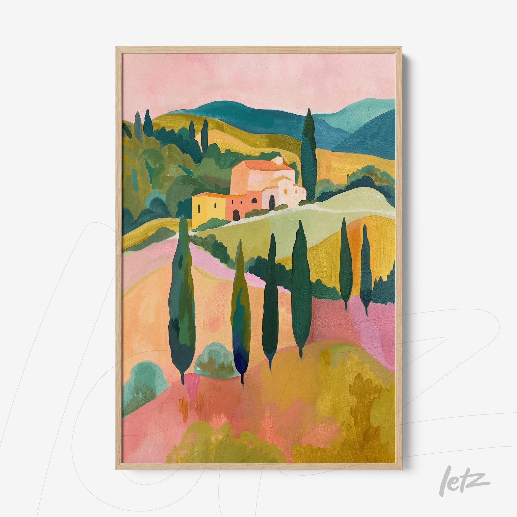 quadro com arte abstracta de paisagem toscana em moldura clara com pinheiros e colinas coloridas
