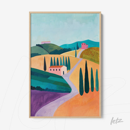 quadro em moldura clara com paisagem rural colorida, paisagem com colinas verdes, casas rosa e caminho em meio a árvores altas