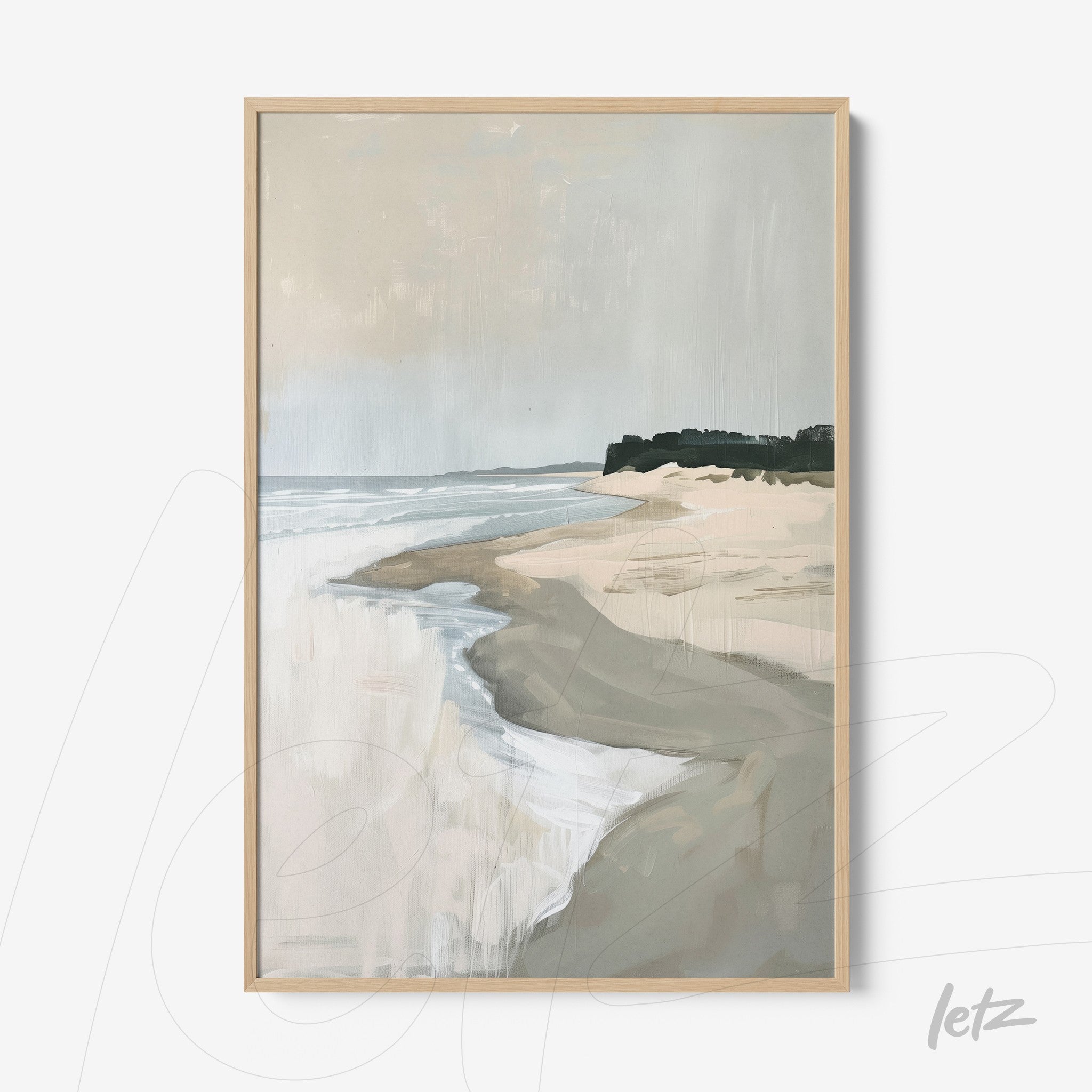 quadro em estilo minimalista de uma paisagem de praia com areia e água, moldura de madeira clara