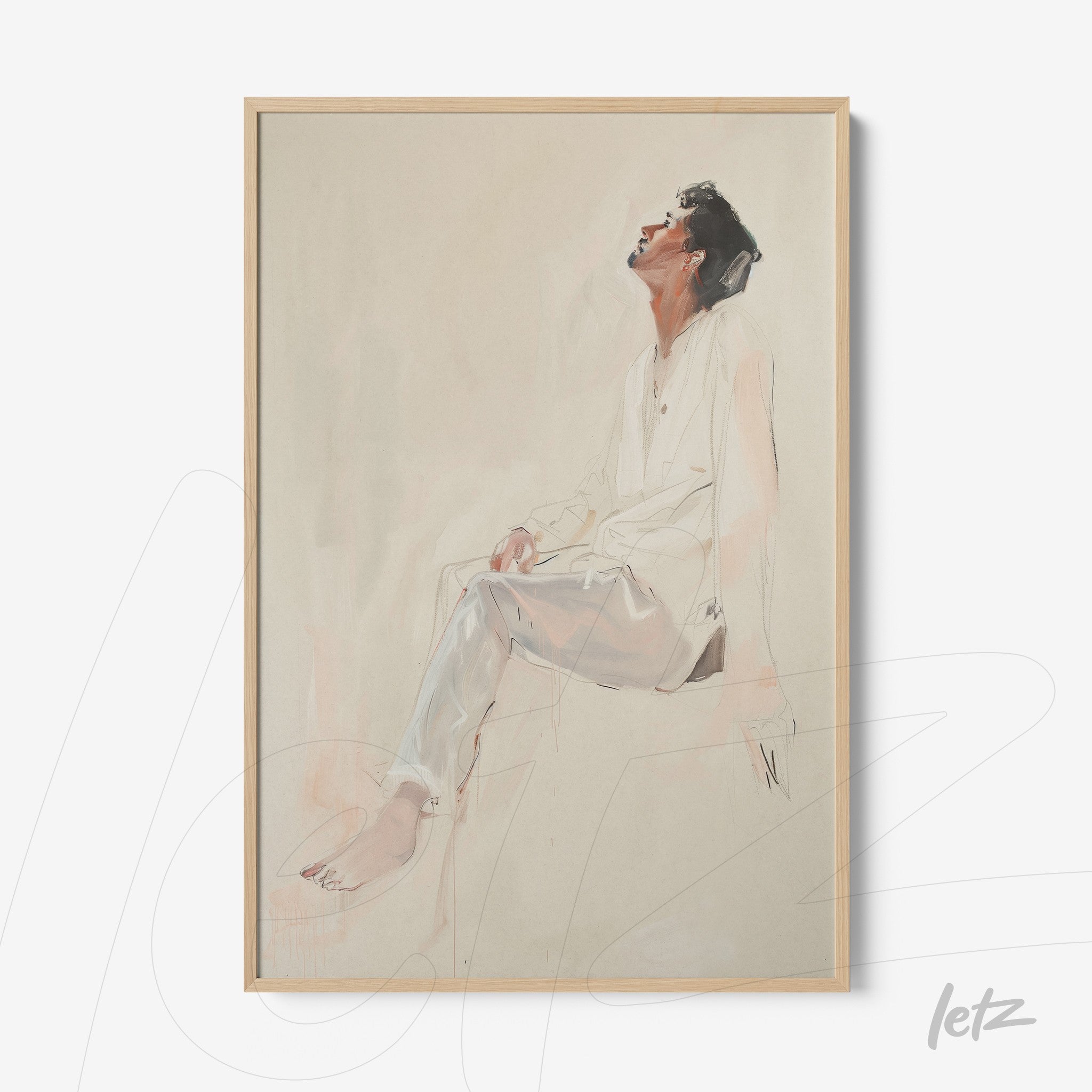 quadro com ilustração artística de homem sentado em pose reflexiva, moldura de madeira clara sobre fundo neutro