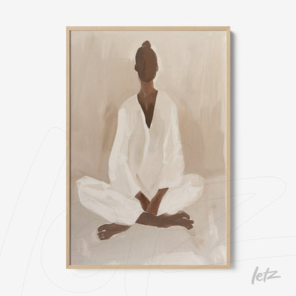 quadro com arte minimalista de figura feminina meditando em tons neutros com moldura clara