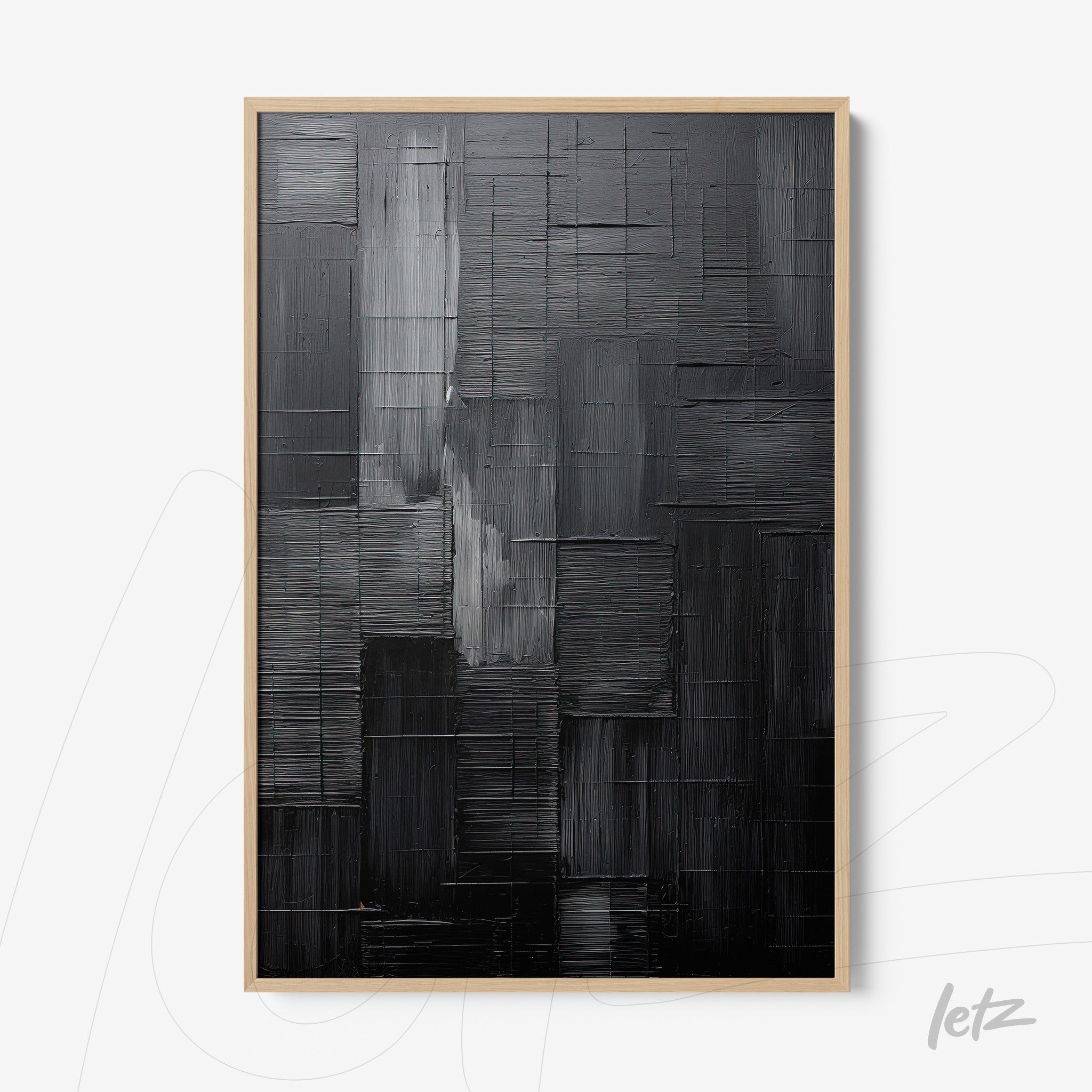 quadro moderno com textura abstrata em tons de preto, com moldura de madeira clara