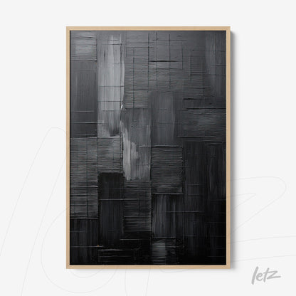 quadro moderno com textura abstrata em tons de preto, com moldura de madeira clara