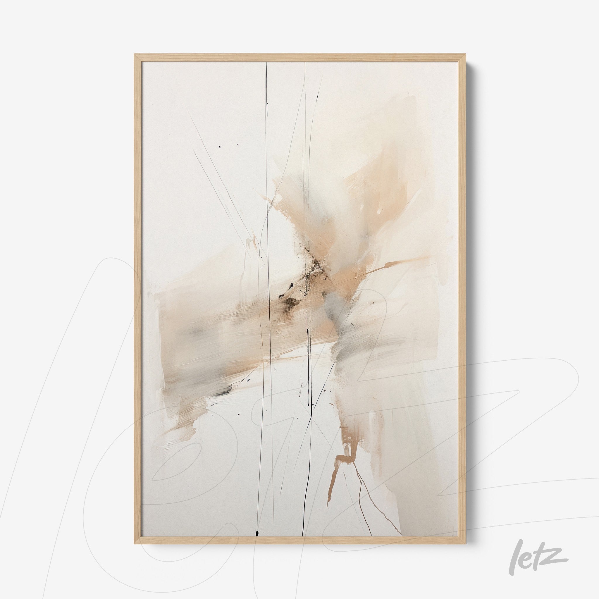quadro com arte abstrata em tons neutros, exibido em moldura de madeira clara