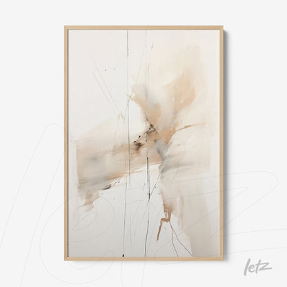 quadro com arte abstrata em tons neutros, exibido em moldura de madeira clara