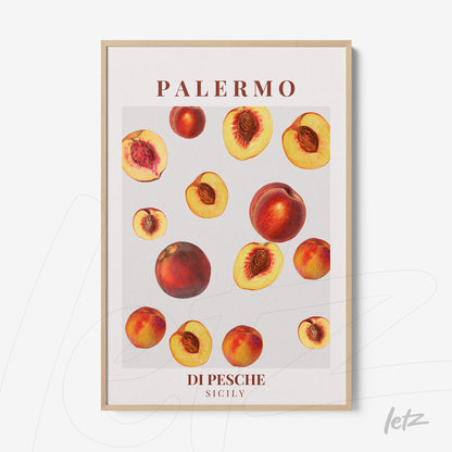 quadro com arte de pêssegos ilustração sobre fundo cinza claro em moldura de madeira clara