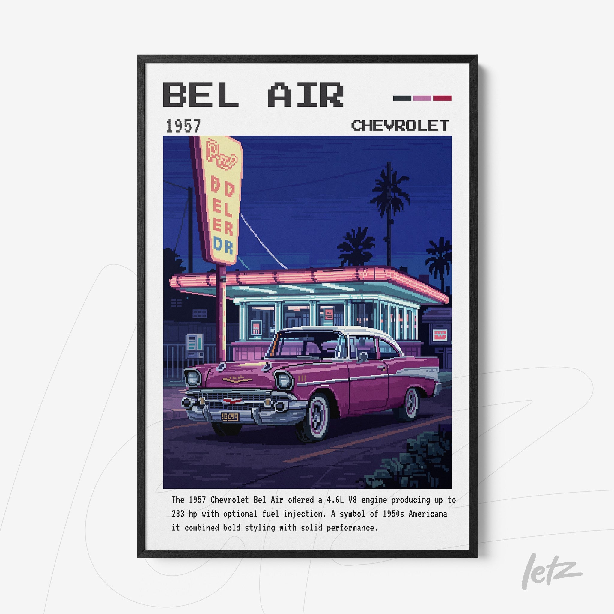quadro com arte digital retrô do carro Chevrolet Bel Air de 1957 em moldura preta com fundo claro