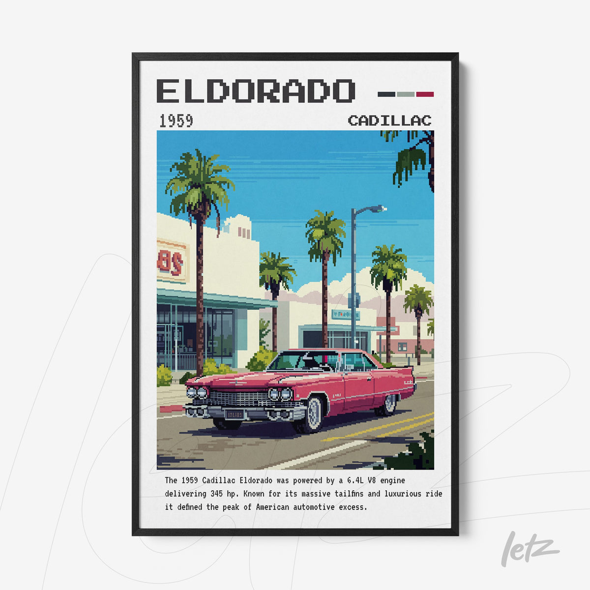 quadro com arte digital de um Cadillac Eldorado rosa em estilo pixelado com fundo de palmeiras e edifícios