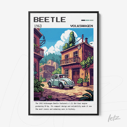 quadro com arte pixelada do carro Volkswagen Beetle de 1963 em moldura preta, com casas em estilo mediterrâneo ao fundo