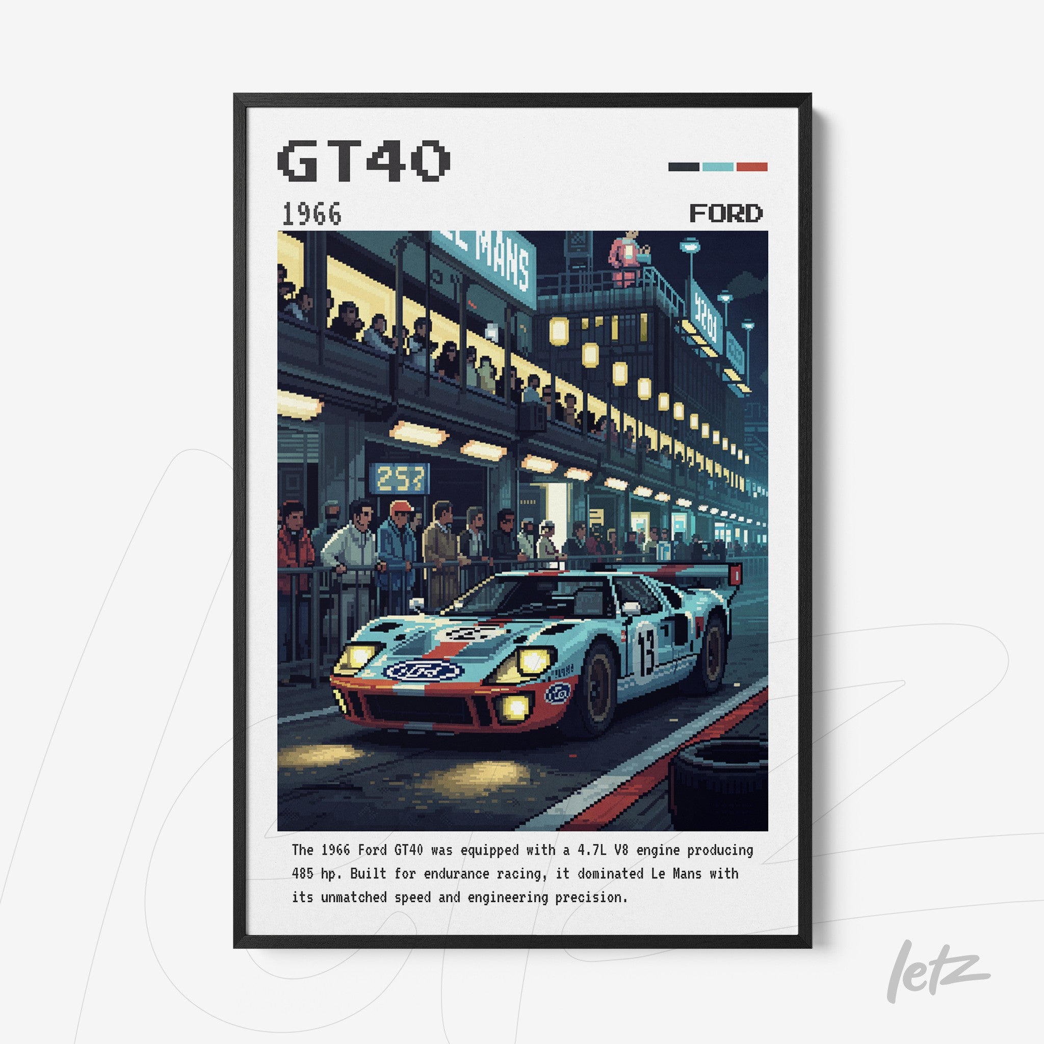 quadro digital retro do carro Ford GT40 em pista de corrida, com moldura preta