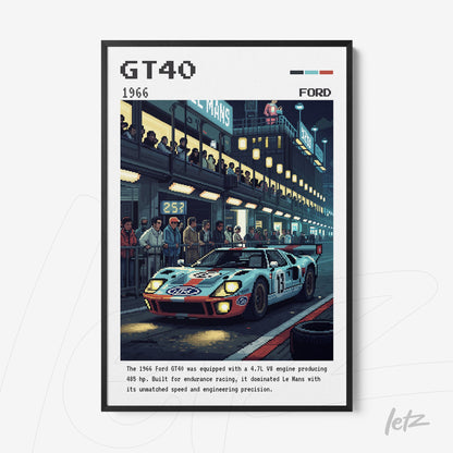 quadro digital retro do carro Ford GT40 em pista de corrida, com moldura preta