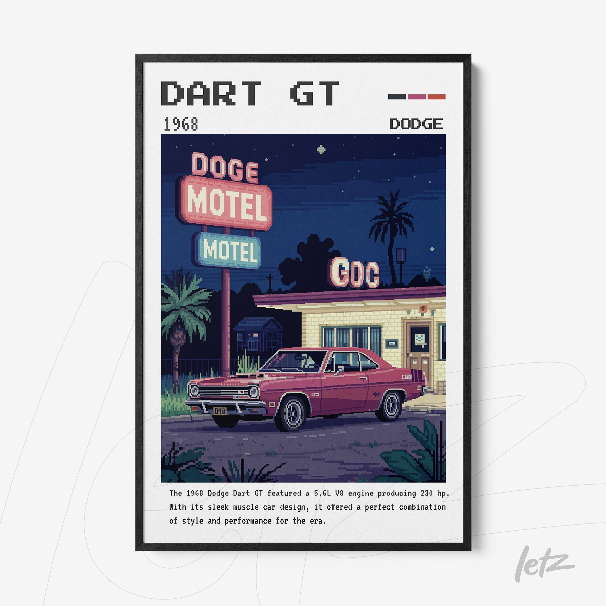 quadro com arte pixelada do carro Dodge Dart GT em frente a um motel, com moldura preta