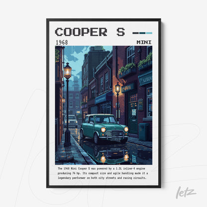 quadro decorativo em estilo pixel art do carro Mini Cooper S estacionado em uma rua de paralelepípedos iluminada por lampiões