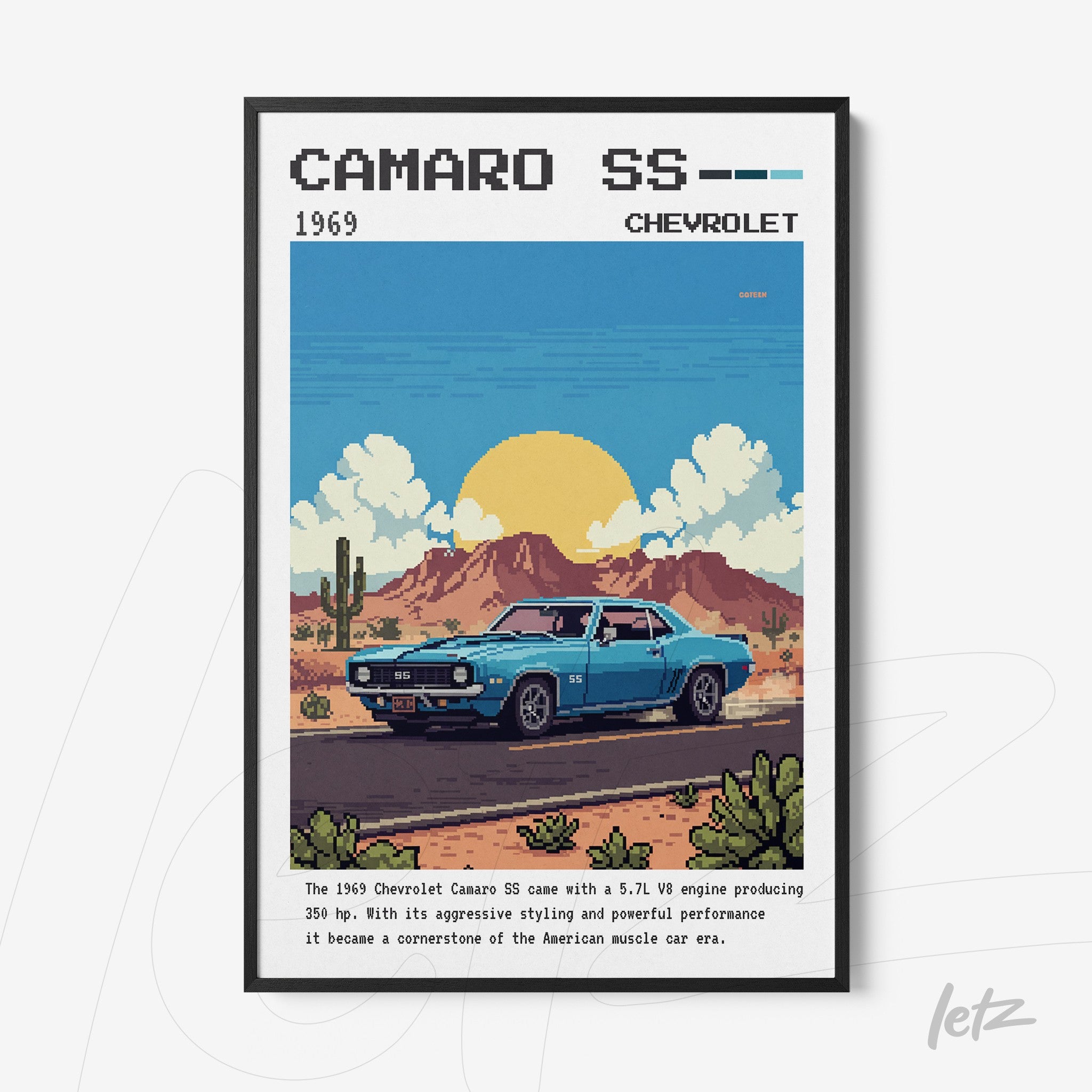 quadro decorativo com arte pixelada de um Camaro SS 1969 em fundo desértico e sol nascer ao fundo com moldura preta