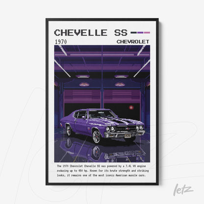 quadro com arte digital de um Chevrolet Chevelle SS 1970 em moldura preta, destacando tons roxos e um fundo retrô