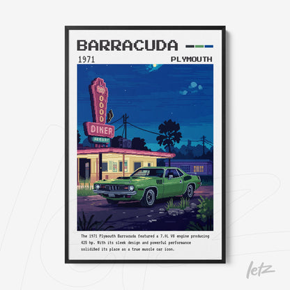 quadro com arte digital retrô de um carro Plymouth Barracuda verde estacionado em frente a um diner nostálgico, com placa luminosa e fundo noturno