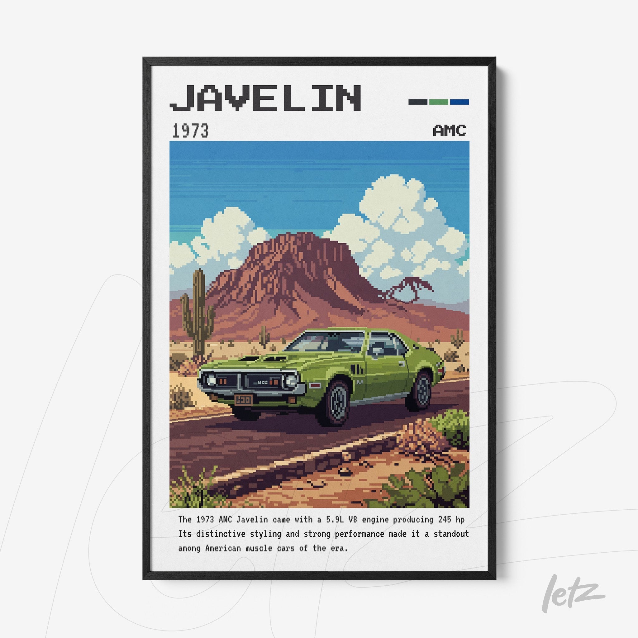 quadro com ilustração pixel art de um carro AMC Javelin 1973 em fundo desértico com montanhas