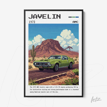 quadro com ilustração pixel art de um carro AMC Javelin 1973 em fundo desértico com montanhas