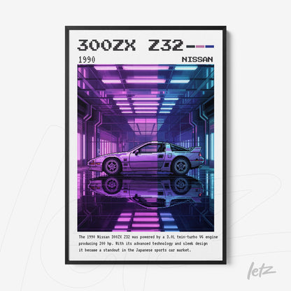 quadro com arte digital de um carro Nissan 300ZX Z32 em estilo retrô, apresentado em uma moldura preta e envolvido por uma iluminação neon