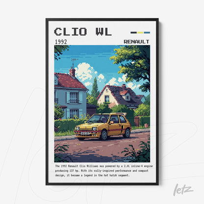 quadro com arte pixelada do carro Renault Clio Williams em frente a uma casa com jardim, moldura preta