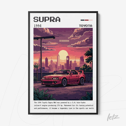 quadro com arte de estilo pixelado de um carro Toyota Supra 1994, moldura preta, retratando o pôr do sol urbano